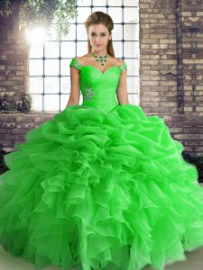 Pretty Organza Off The Shoulder Sleeveless Lace Up Beading and Ruffles and Pick Ups 15th Birthday Dress in Green