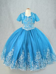 Latest Baby Blue Ball Gowns Tulle Spaghetti Straps Sleeveless Beading and Embroidery Floor Length Lace Up Little Girls Pageant Dress