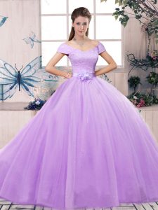 Decent Lavender Short Sleeves Floor Length Lace and Hand Made Flower Lace Up Sweet 16 Dresses