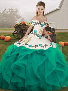 Elegant Floor Length Lace Up Sweet 16 Quinceanera Dress Turquoise for Military Ball and Sweet 16 and Quinceanera with Embroidery and Ruffles