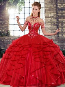 Floor Length Lace Up Sweet 16 Dress Red for Military Ball and Sweet 16 and Quinceanera with Beading and Ruffles