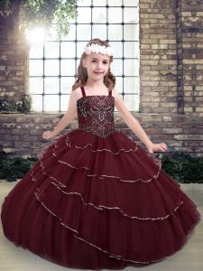 Excellent Straps Sleeveless Lace Up Pageant Dress Burgundy Tulle