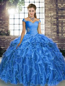 Blue Sleeveless Beading and Ruffles Lace Up Sweet 16 Dresses