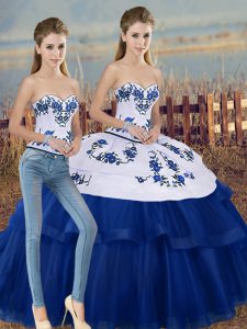 Exceptional Tulle Sweetheart Sleeveless Lace Up Embroidery and Bowknot Quinceanera Dress in Royal Blue