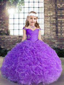 Sleeveless Floor Length Beading and Ruching Little Girl Pageant Dress with Purple