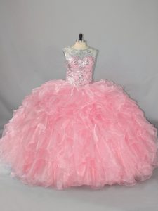 Pink Sleeveless Organza Lace Up 15th Birthday Dress for Sweet 16 and Quinceanera