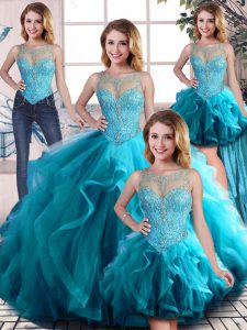 Traditional Aqua Blue Ball Gown Prom Dress Sweet 16 and Quinceanera with Beading and Ruffles Scoop Sleeveless Lace Up