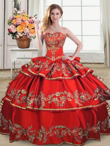 Attractive Red Ball Gowns Sweetheart Sleeveless Satin and Organza Floor Length Lace Up Embroidery and Ruffled Layers Sweet 16 Dress