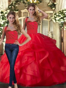 Artistic Sleeveless Tulle Floor Length Lace Up Quinceanera Dresses in Red with Ruffles