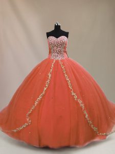 Elegant Orange Tulle Lace Up Quinceanera Dress Sleeveless Brush Train Beading