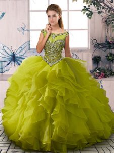 Floor Length Zipper Quinceanera Dress Olive Green for Sweet 16 and Quinceanera with Beading and Ruffles