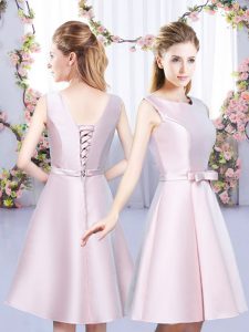 New Style Baby Pink Quinceanera Court of Honor Dress Wedding Party with Bowknot Scoop Sleeveless Lace Up