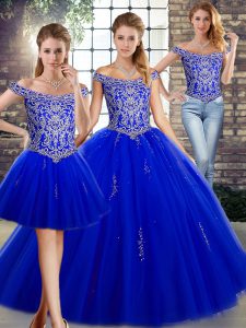 Beading 15th Birthday Dress Royal Blue Lace Up Sleeveless Floor Length