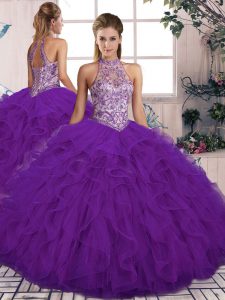 Custom Designed Purple Ball Gowns Tulle Halter Top Sleeveless Beading and Ruffles Floor Length Lace Up 15 Quinceanera Dress