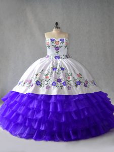 Nice Embroidery and Ruffled Layers 15th Birthday Dress Blue And White Lace Up Sleeveless Floor Length