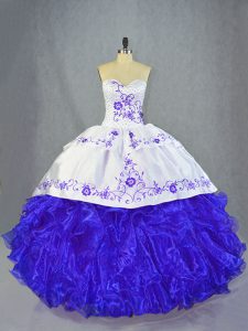 Fashion Halter Top Sleeveless Brush Train Lace Up Quinceanera Dresses Blue And White Organza