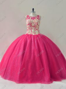 Floor Length Hot Pink Vestidos de Quinceanera Tulle Sleeveless Beading