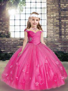 Elegant Hot Pink Ball Gowns Tulle Straps Sleeveless Beading and Hand Made Flower Floor Length Lace Up Kids Pageant Dress