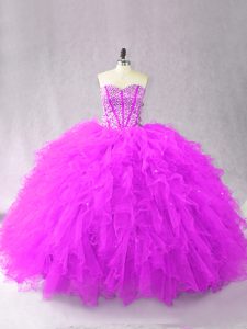 High Quality Floor Length Purple Quinceanera Gown Tulle Sleeveless Beading and Ruffles