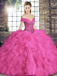 Off The Shoulder Sleeveless Lace Up Quince Ball Gowns Hot Pink Tulle