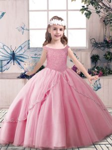 Popular Rose Pink Tulle Lace Up Off The Shoulder Sleeveless Floor Length Pageant Gowns For Girls Beading