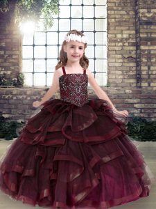 Burgundy Straps Lace Up Beading and Ruffles Little Girls Pageant Gowns Sleeveless