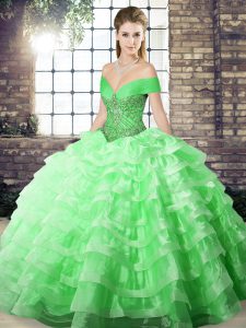 Green Sleeveless Organza Brush Train Lace Up Ball Gown Prom Dress for Military Ball and Sweet 16 and Quinceanera