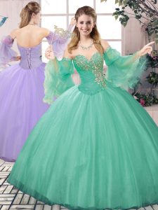 Inexpensive Sleeveless Tulle Floor Length Lace Up Sweet 16 Quinceanera Dress in Apple Green with Beading