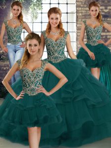 Hot Selling Peacock Green Lace Up Straps Beading and Ruffles Sweet 16 Dress Tulle Sleeveless