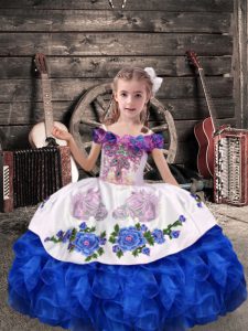 Custom Design Royal Blue Sleeveless Floor Length Beading and Embroidery and Ruffles Lace Up High School Pageant Dress