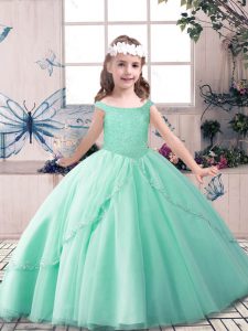 Attractive Green Lace Up Off The Shoulder Beading Custom Made Pageant Dress Tulle Sleeveless