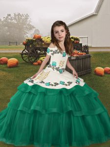 Discount Turquoise Sleeveless Floor Length Embroidery and Ruffled Layers Lace Up Little Girls Pageant Gowns