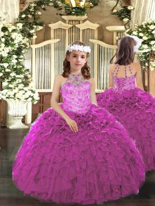 Fuchsia Sleeveless Tulle Lace Up Evening Gowns for Party and Wedding Party