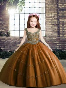 Simple Brown Straps Neckline Beading Pageant Gowns For Girls Sleeveless Lace Up