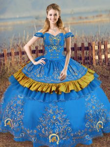 Floor Length Blue 15 Quinceanera Dress Off The Shoulder Sleeveless Lace Up