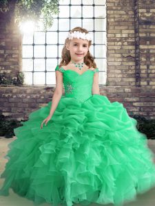 Nice Apple Green Sleeveless Floor Length Beading and Ruffles and Pick Ups Lace Up Pageant Gowns For Girls