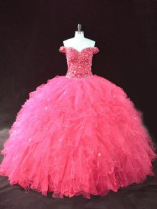 Hot Pink Ball Gowns Off The Shoulder Sleeveless Tulle Floor Length Lace Up Beading and Ruffles 15 Quinceanera Dress