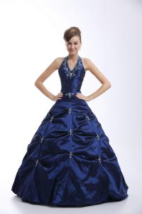 Fine Floor Length Royal Blue 15 Quinceanera Dress Taffeta Sleeveless Embroidery and Pick Ups