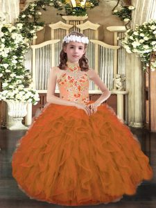 Orange Pageant Gowns For Girls Party and Wedding Party with Appliques and Ruffles Strapless Sleeveless Lace Up