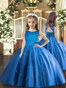 Fantastic Blue Sleeveless Tulle Lace Up Little Girl Pageant Gowns for Party and Wedding Party