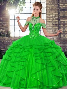 Trendy Green Halter Top Lace Up Beading and Ruffles Quinceanera Gowns Sleeveless