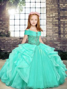 Ball Gowns Pageant Dress for Girls Apple Green Straps Organza Sleeveless Floor Length Lace Up