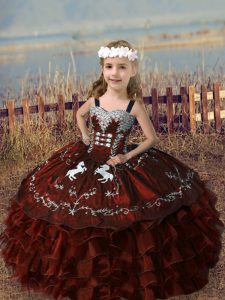 Rust Red Lace Up Little Girls Pageant Dress Embroidery and Ruffled Layers Sleeveless Floor Length