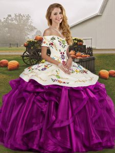 White And Purple Ball Gowns Off The Shoulder Sleeveless Organza Floor Length Lace Up Embroidery and Ruffles Vestidos de Quinceanera