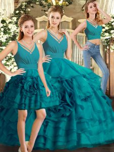 Unique Organza V-neck Sleeveless Backless Ruffled Layers Vestidos de Quinceanera in Teal