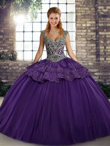 Super Purple Sleeveless Beading and Appliques Floor Length Quinceanera Dress