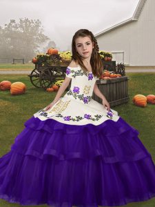 Inexpensive Floor Length Purple Little Girls Pageant Dress Tulle Sleeveless Embroidery and Ruffled Layers