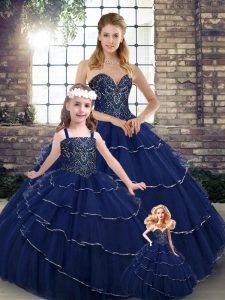 Sleeveless Beading and Ruffled Layers Lace Up Quince Ball Gowns with Navy Blue Brush Train