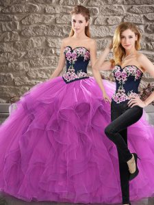 Sleeveless Embroidery and Ruffles Lace Up Quinceanera Gown with Purple Sweep Train