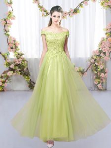 Sophisticated Yellow Green Tulle Lace Up Quinceanera Dama Dress Sleeveless Floor Length Lace